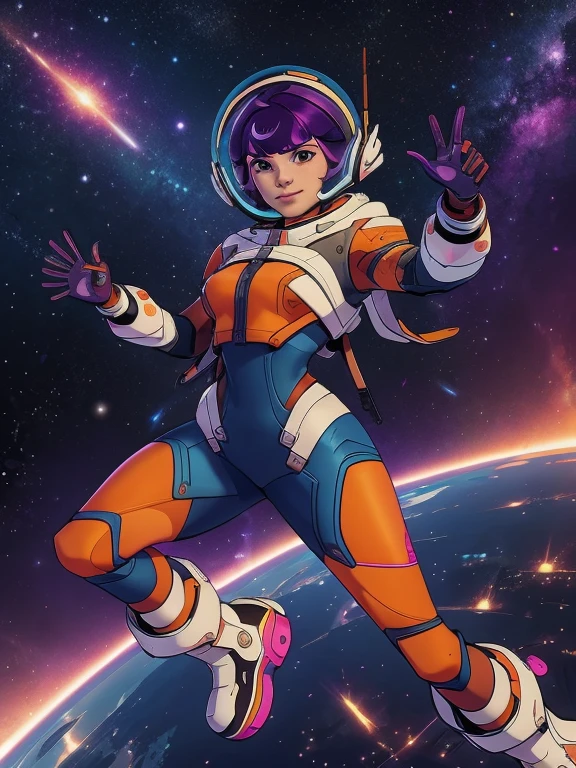 Juno_Overwatch_2, short hair, messy hair, purple hair, bangs, brown eyes, white headphones, orange cropped jacket, blue skintight bodysuit, white backpack, space ranger, blue and orange gloves, long eyelashes, cute face, orange and white space boots, wide smile, excitement, she's very adventurous, outer space background, pink nebula's in the surroundings
