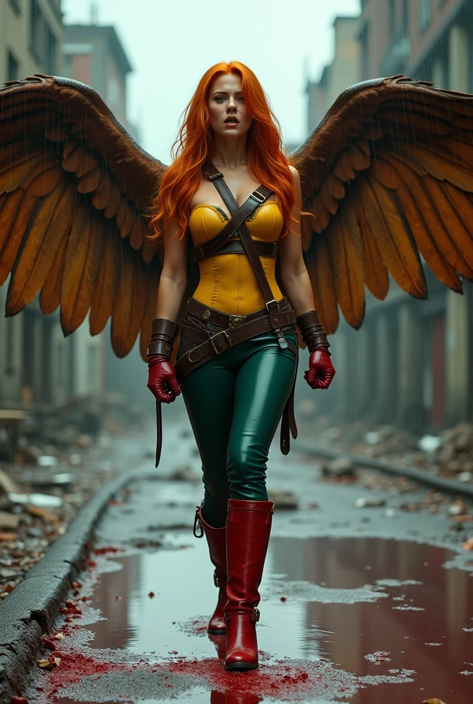 A beautiful woman Isabela Merced under the mantle of the Thanagarian Warrior Shayera Holl aka Hawkgirl Long orange hair to her knees with her hands on her face screaming exhausted after a battle in an apocalyptic and rainy city blood around her yellow leather corset (((Brown harness with thick straps protruding from her neck to her waist))) and green leather pants red boots and red gloves (((two large brown wings twenty feet long and wide))) reflection of her in the blood terrifying and bloody images (((two large brown wings 20 feet long and wide))),projecting from her back Dc universe logo