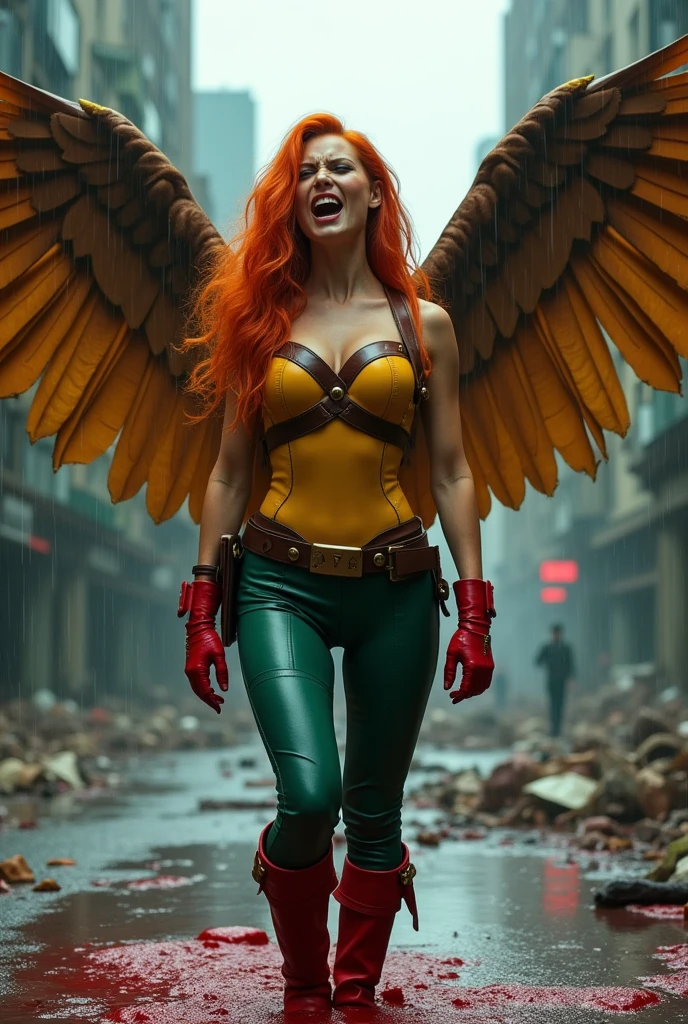 A beautiful woman Isabela Merced under the mantle of the Thanagarian Warrior Shayera Holl aka Hawkgirl Long orange hair to her knees with her hands on her face screaming exhausted after a battle in an apocalyptic and rainy city blood around her yellow leather corset (((Brown harness with thick straps protruding from her neck to her waist))) and green leather pants red boots and red gloves (((two large brown wings twenty feet long and wide))) reflection of her in the blood terrifying and bloody images (((two large brown wings 20 feet long and wide))),projecting from her back Dc universe logo