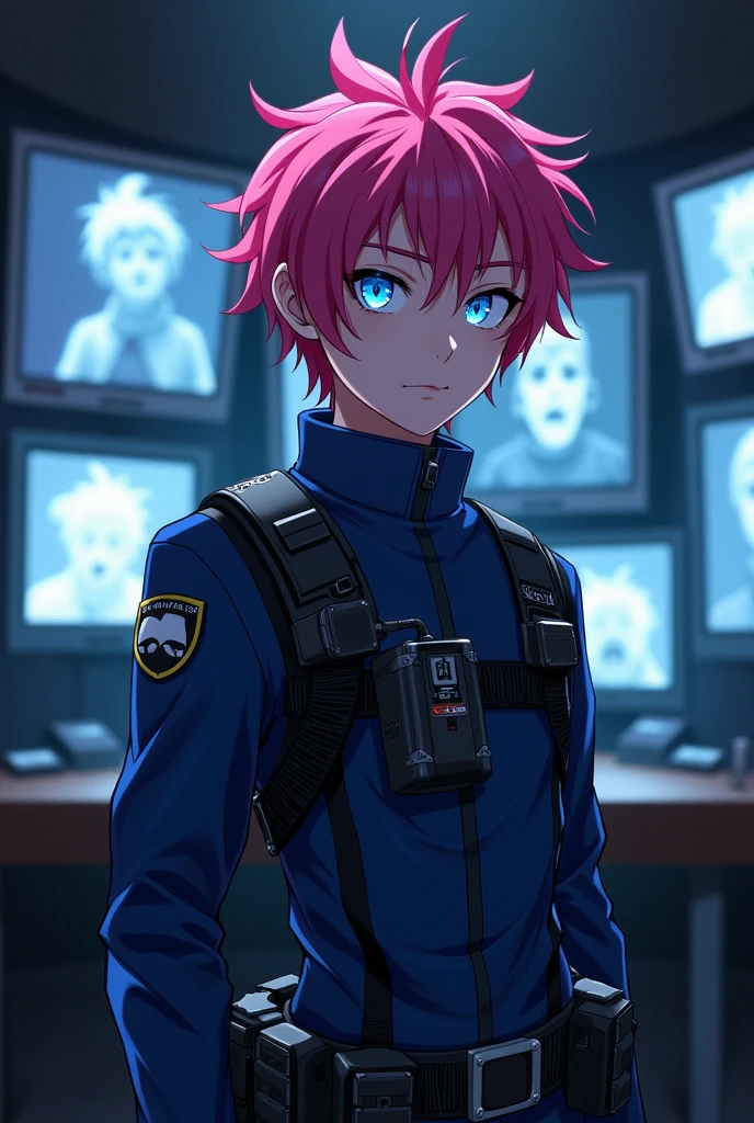 Technician character reference sheet, pink hair and blue eyes, five nights at freddy's oc, anime style, male