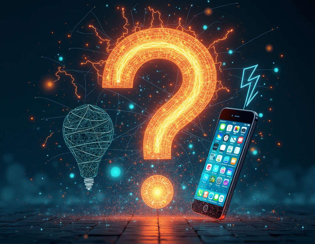 Image of a large question mark superimposed on the images of the three inventions (internet, electricity and the smartphone), encouraging the viewer to comment.