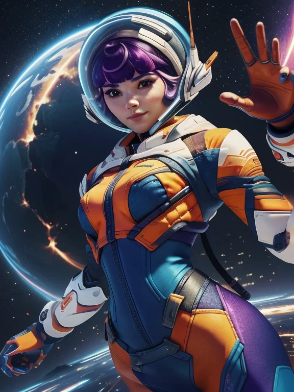 Juno_Overwatch_2, short hair, messy hair, purple hair, bangs, brown eyes, white headphones, orange cropped jacket, blue skintight bodysuit, white backpack, space ranger, blue and orange gloves, long eyelashes, cute face, orange and white space boots, wide smile, excitement, she's very adventurous, outer space background, pink nebula's in the surroundings
