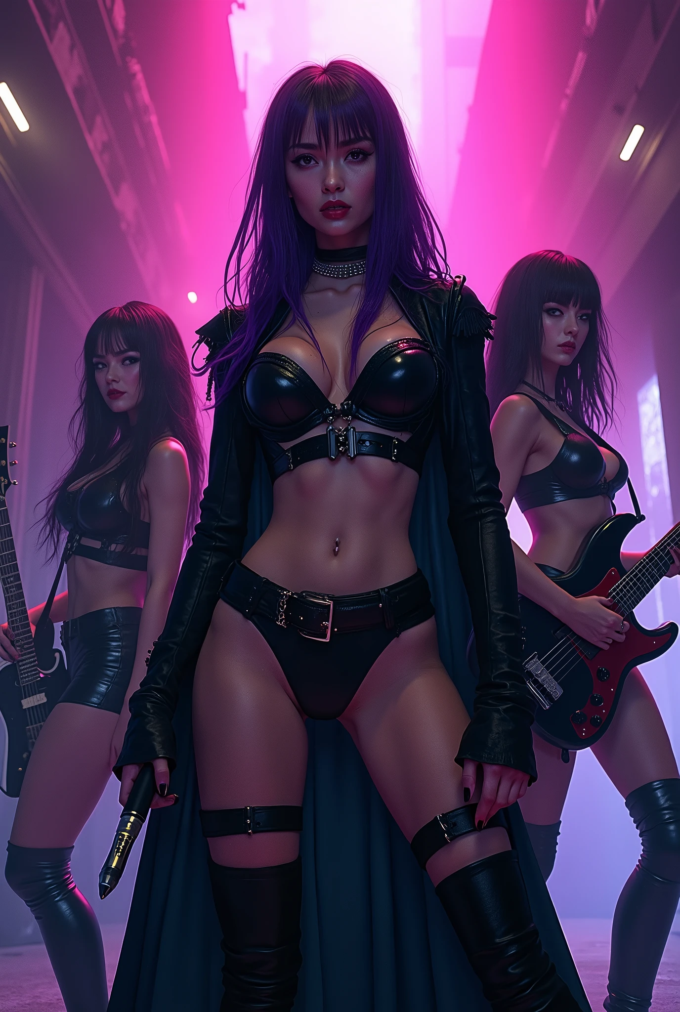 three women in costumes are posing, the lead singer in the middle has large breast and black long hair with purple highlights, the woman to her left is holding a electronic guitar, the woman to the right of her is holding a electric bass guitar, her she is holding a microphone seductive cyberpunk dark fantasy, cyberpunk angry gorgeous goddess, gothic - cyberpunk, cyberpunk dark fantasy, cyberpunk horror style, cyberpunk women, cyberpunk dark fantasy art, anime cyberpunk art, angry high moral sexy werewolf, cyberpunk femme fatale, gothic fantasy art, cyberpunk art style, 8k high quality detailed art