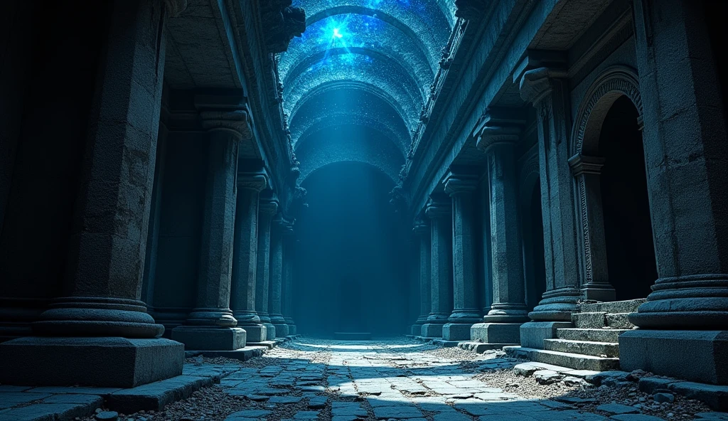 Inside a dark temple roof that has blue stars illuminating it