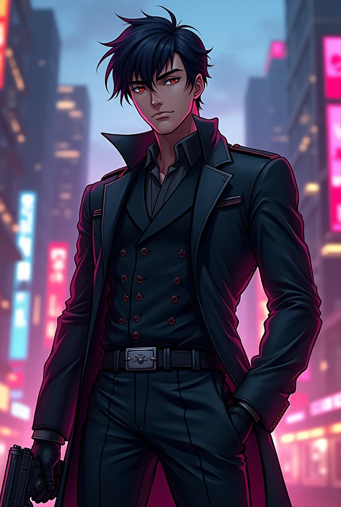 Make me a superhero whose suit is black military style with a jacket , without cape, you can see part of her face and in an animated version and she's carrying a gun, wearing a normal jacket, but in an anime version that's male