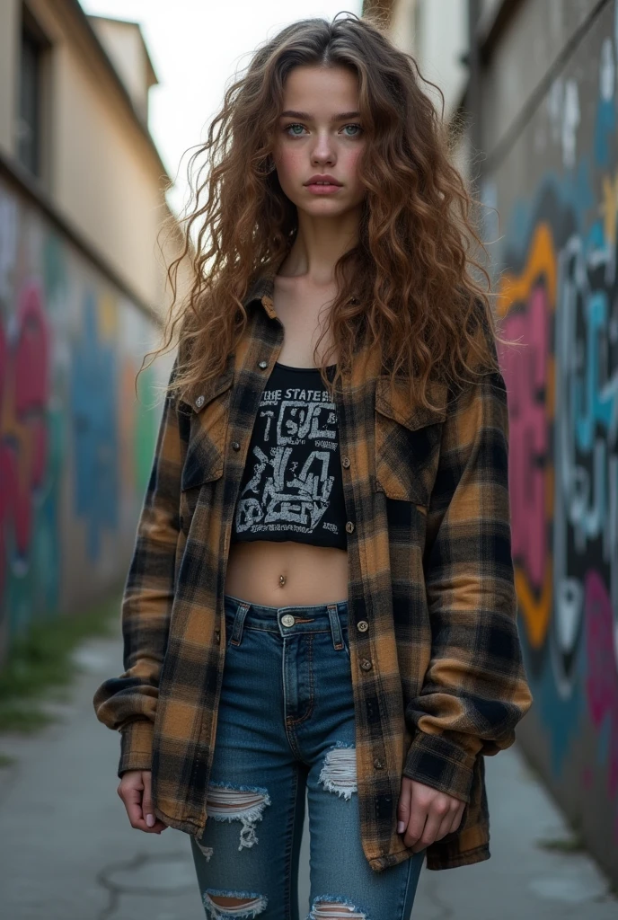 age girl with European features, with curly light brown hair, full lips and green eyes with grunge clothing