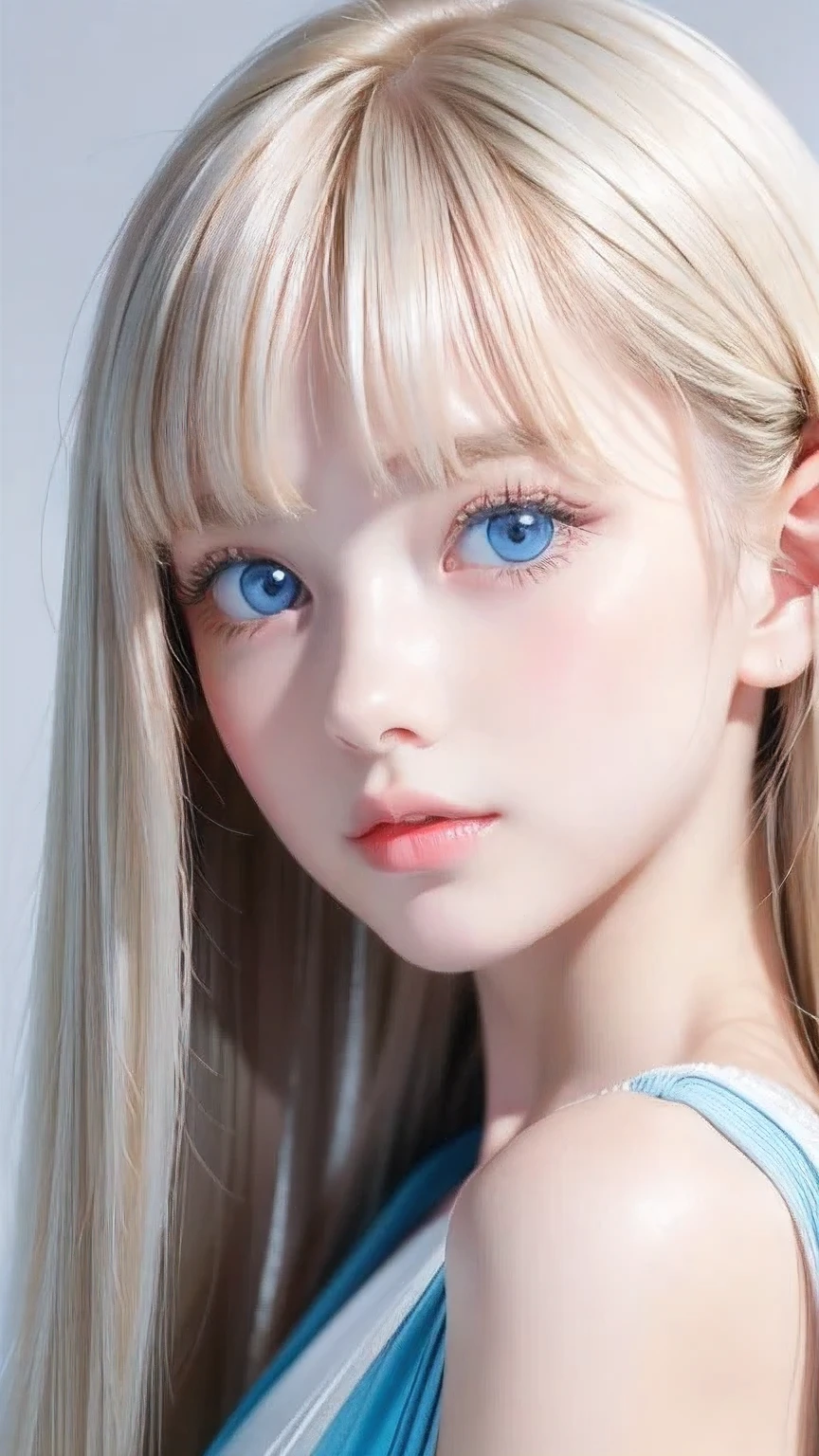 Portrait、、bright look、ponytail、bangs between eyes、bangs on the face、Young, shiny, white, glossy skin、gross face、cheek gloss highlight、best beauty、blonde reflection、Platinum blonde hair with dazzling highlights、shiny bright hair,、super long silky straight hair、Shining beautiful bangs、Attractive, beautifully shining, very bright, light blue eyes、very big eyes、Very beautiful nice cute beautiful girl、rich bust、small face beauty、