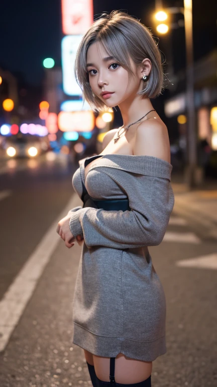 Garter Stockings、Cinema Lighting、(Front 45 degree angle), Accurate human body、(Accurate 5 fingers)、RAW Photos、 4K - ultra-vivid、Highest quality, masterpiece, Ultra-high resolution, (reality: 1.4)、Background Blur、Beautiful Eyes, Perfect face and eyes、(Off-the-shoulder knit dress)、Hair quality and shine、nightの渋谷、Busy Street、 (night:1.8,) , Early teens, Checked mini skirt, Earrings,necklace、 Are standing , (Small breasts:1.3)、Short Hair、 (Gray Hair:1.2)Blonde, Asymmetrical hair, Wavy Hair、Messy Hair、