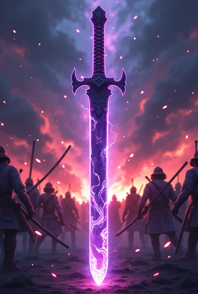 a katana with its pommel and crossguard interconnected, blade color predominantly purple, style of anime, battle background, create with full body, powerless