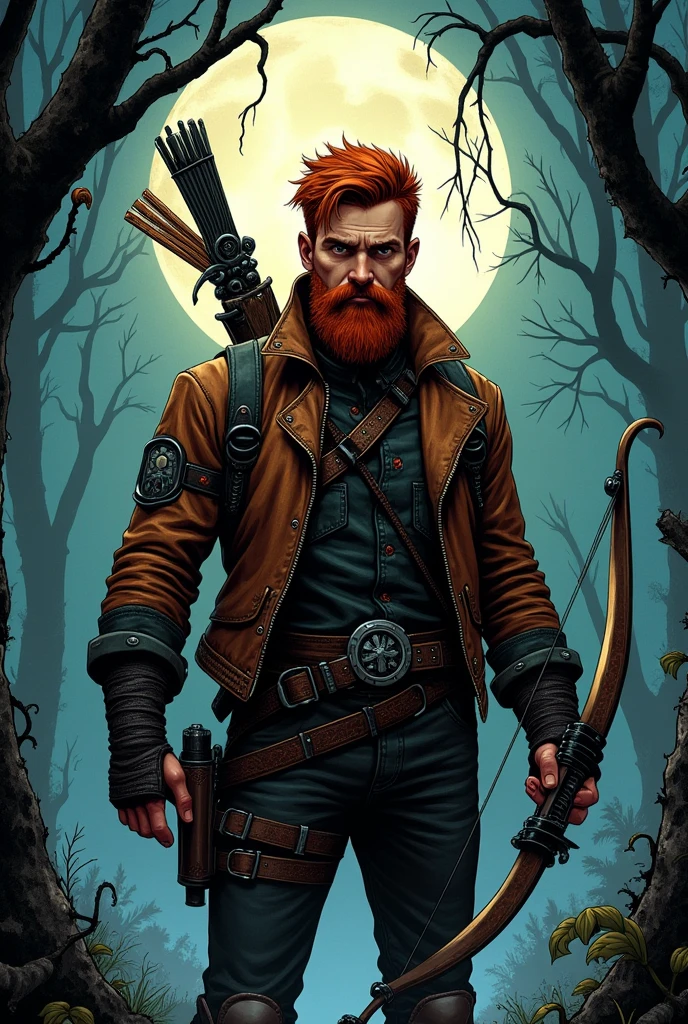 Hq, handsome young hunter with a red beard wearing a leather jacket
Super detailed comic book, dark fantasy