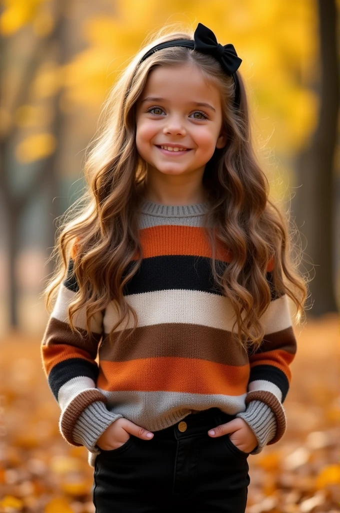 Girl with long light brown hair, Wavy, black headband, eyes the color of honey, wearing a striped sweater and black pants