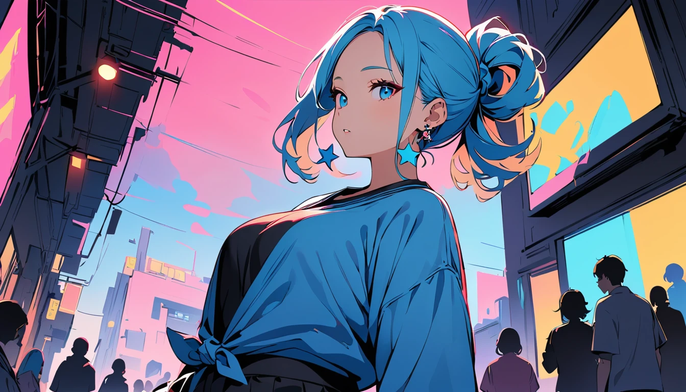 (high quality, 8k, 4K, High Contrast, masterpiece:1.2, 最high quality, Best aesthetics), (Dynamic Angle), ((1 female)), ((Flat Color)), Harajuku Street Style Fashion, Looking at the audience, Upper Body, Transparent Background, High Contrast, Contrasting colors, Cowboy Shot, Pale pink and blue lighting, Long Hair, ((Tied Hair)) ,Big Tits, Blue Hair, Small star-shaped earrings in both ears, watch, bright eyeshadow, R-18