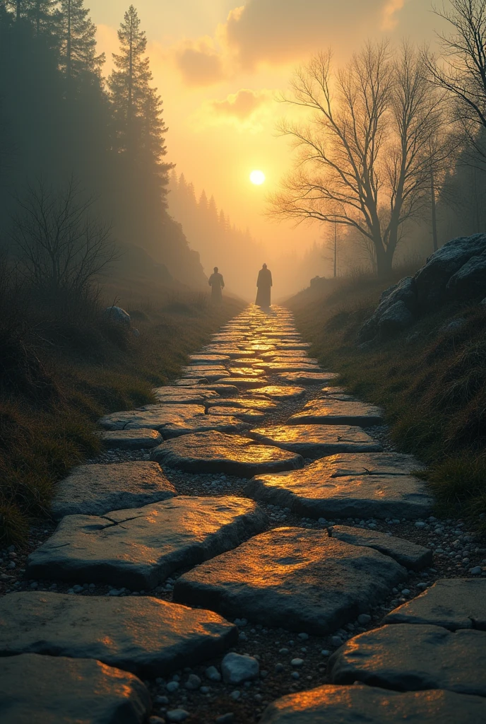 A stone road that crumbles as one walks on it, symbolizing the obstacles and temptations that arise on the spiritual journey. In the background, hazy, indistinct shadows seem to lurk, representing unseen evil forces. The light that initially illuminates the path gradually fades, leaving a darker tone.