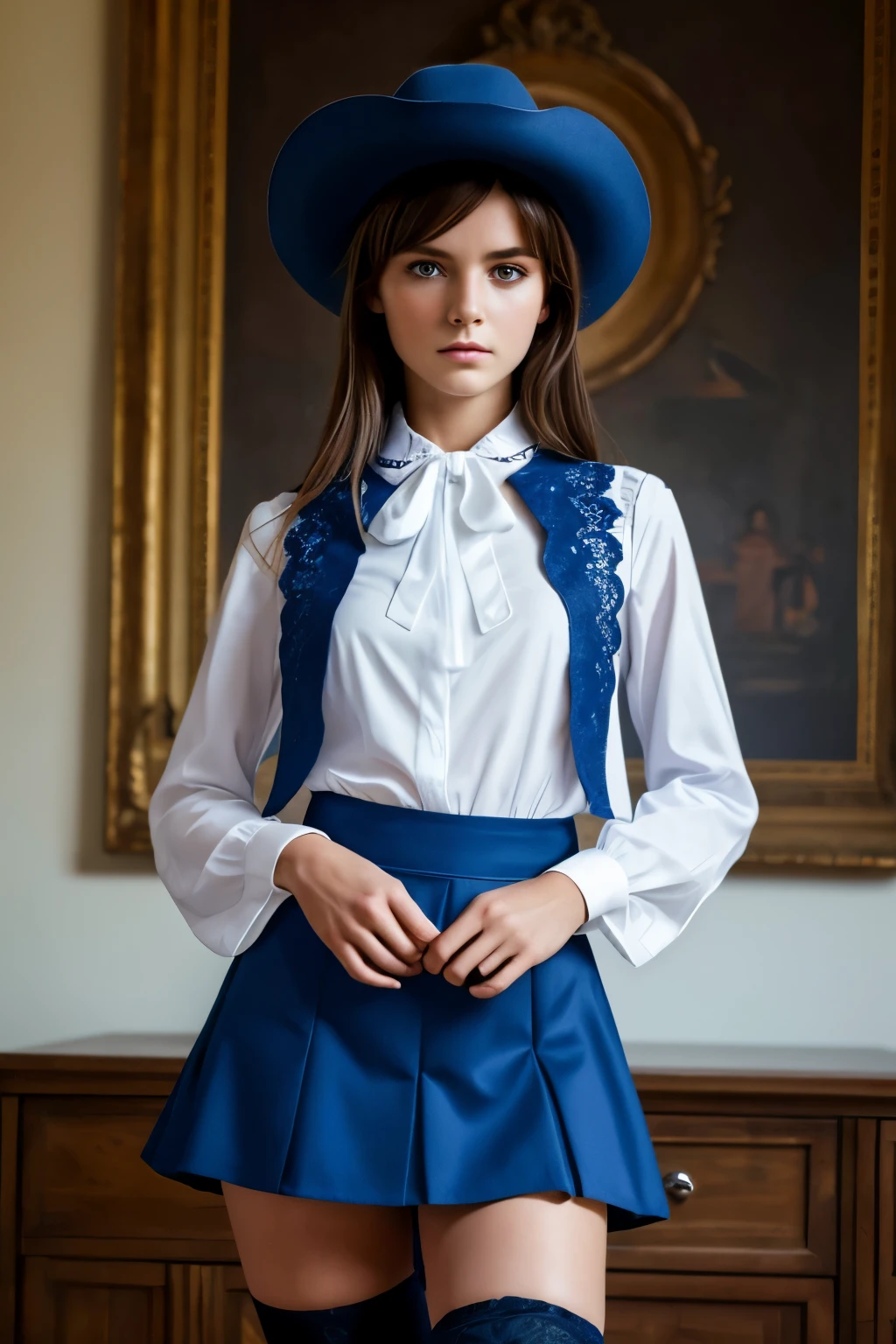 (masterpiece, best quality:1.2), cowboy shot, solo, 1girl, charlotte aulin, expressionless, closed mouth, looking at viewer, ascot, capelet, skirt, blue thighhighs