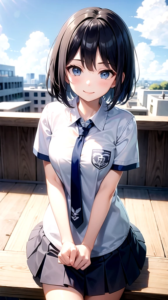 highest quality, ultramarine short bob high school girl, blue eyes,smile,Preparation for the school festival,School rooftop