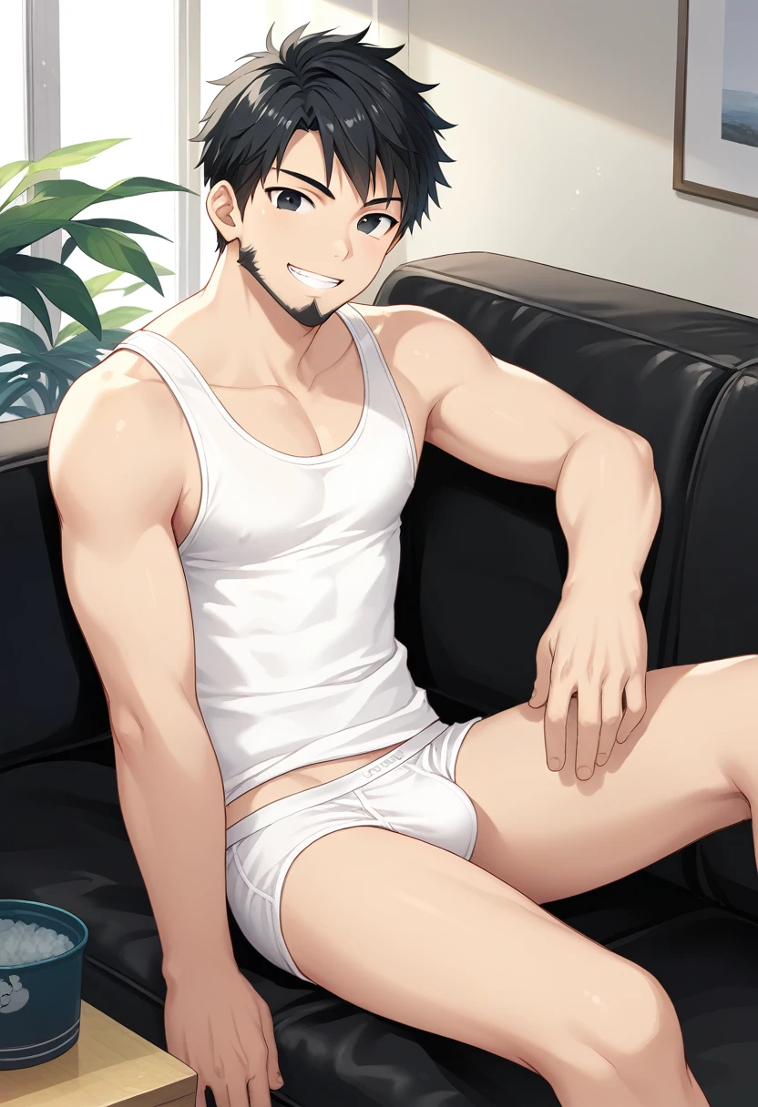 1boy, solo, 30yo, straight hair, short hair, black hair, score_9, black eyes, beard, white tank top, white male underwear, sitting, sofa, indoors, looking at viewer, grin