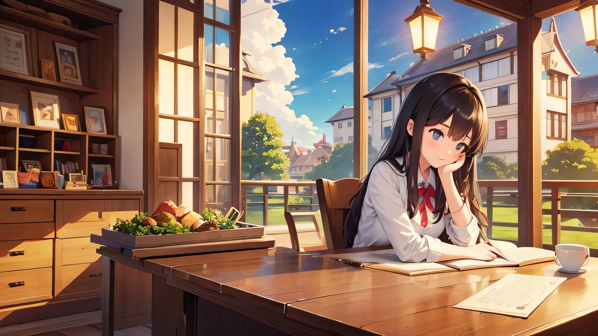 An illustration of a high school girl concentrating on her studies in a Ghibli-style cafe.