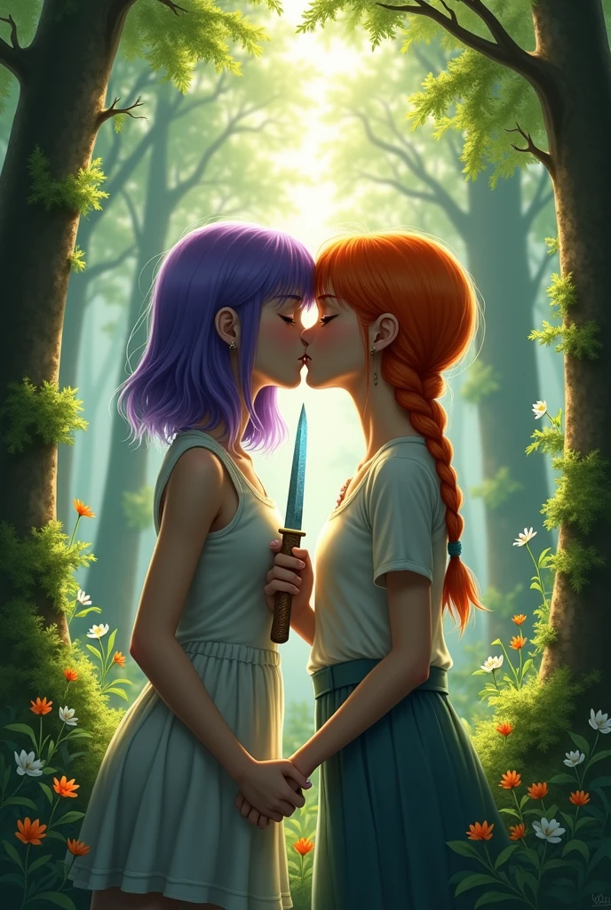 2 girls kissing in the woods, one has short shoulder-length hair and it's purple, The other one is taller, she has orange hair and wears a braid, and she's stabbing the purple-haired girl with a knife