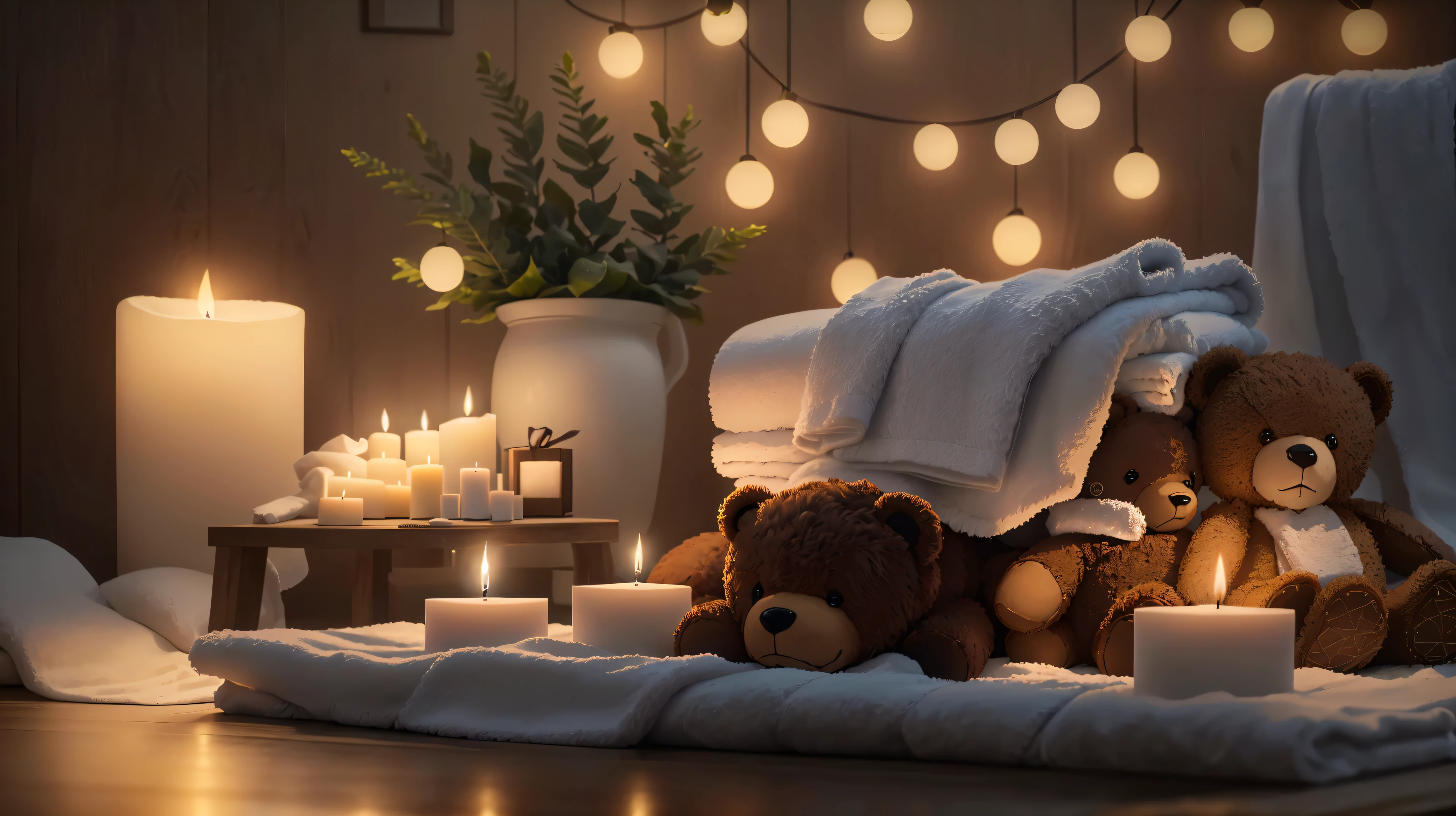 towel and candles are on a table with a teddy bear, Holiday season, towel, relax mood, Peaceful atmosphere, Cozy and serene atmosphere, Morning Glow, relax atmosphere, Pleasant atmosphere, relax, Soft glow, spa, Luxurious surroundings, Soft and warm light, Photorealistic cinematic rendering, relax environment, Beautiful atmosphere, Sublime and cozy atmosphere, Beautiful atmosphere、8K