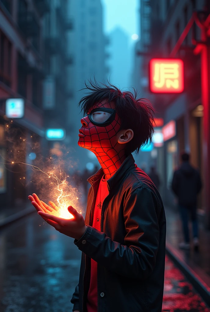 Animated lonely guy with a textured fringe haircut, wearing a Spiderman mask on his face., who has a power in his hand