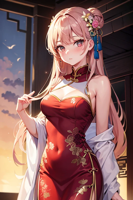 best qualityer, work of art, high resolution, 1 girl, chinese dress, hair ornament, necklase, jewerly, beautiful face, blush, looking ahead at viewer