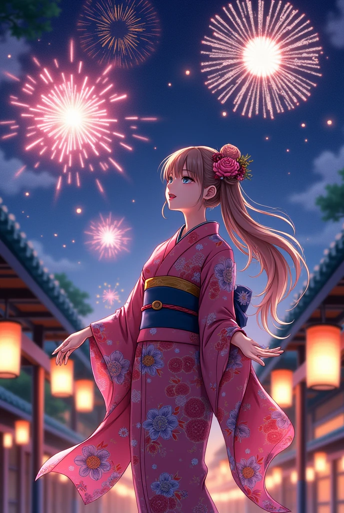 Woman in yukata、Japanese anime illustration、Realistic fireworks