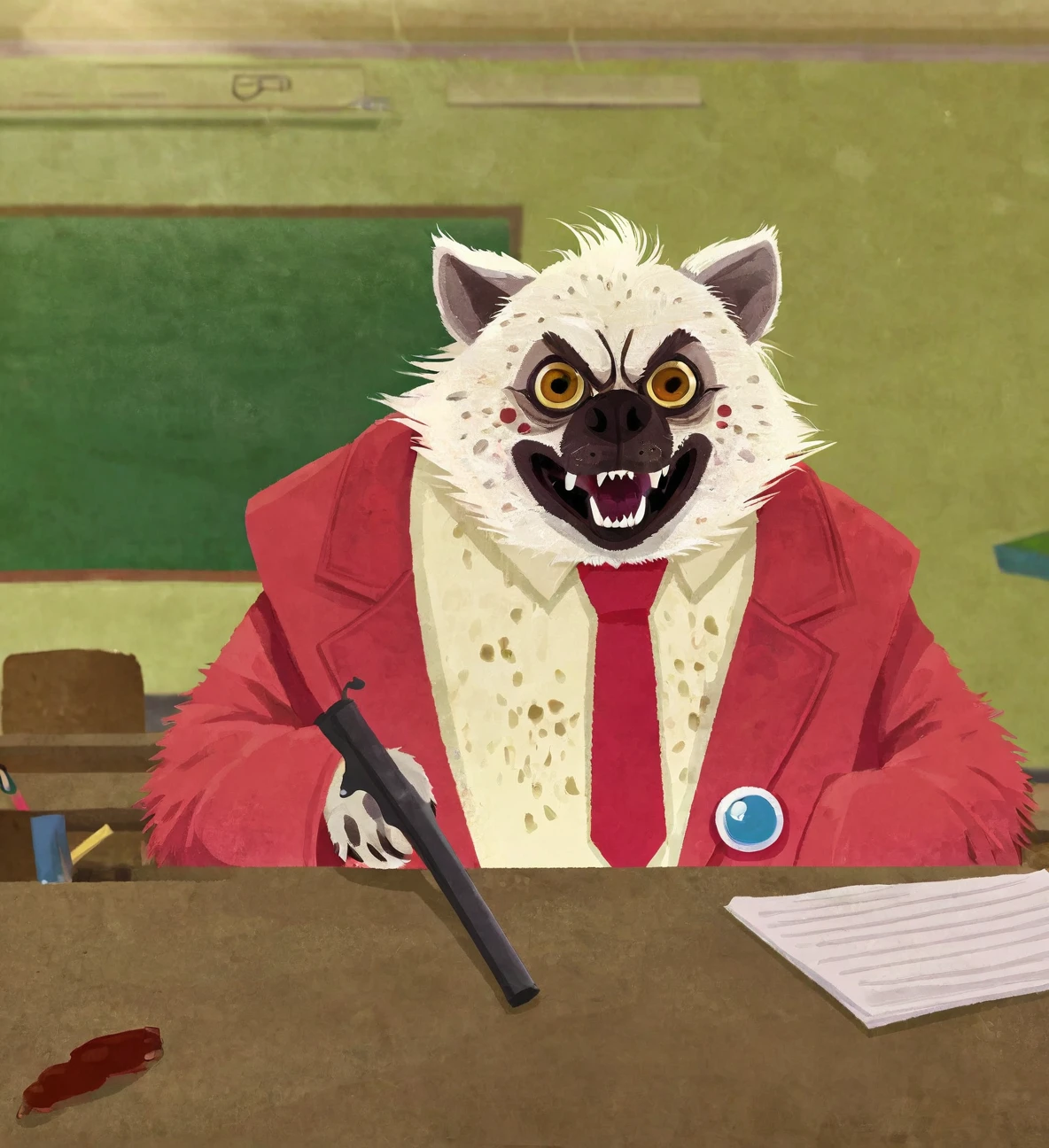 White Tanuki Hyena, Circle Eye, Red Monster Pupils, Pug Mouth, red Deerstalker, pink Tuxedo Jackets, red tie, by Guillaume Singlin \(skchkko\), looking at viewer, angry and Revulsion, holding Shotgun, Desk in Classroom