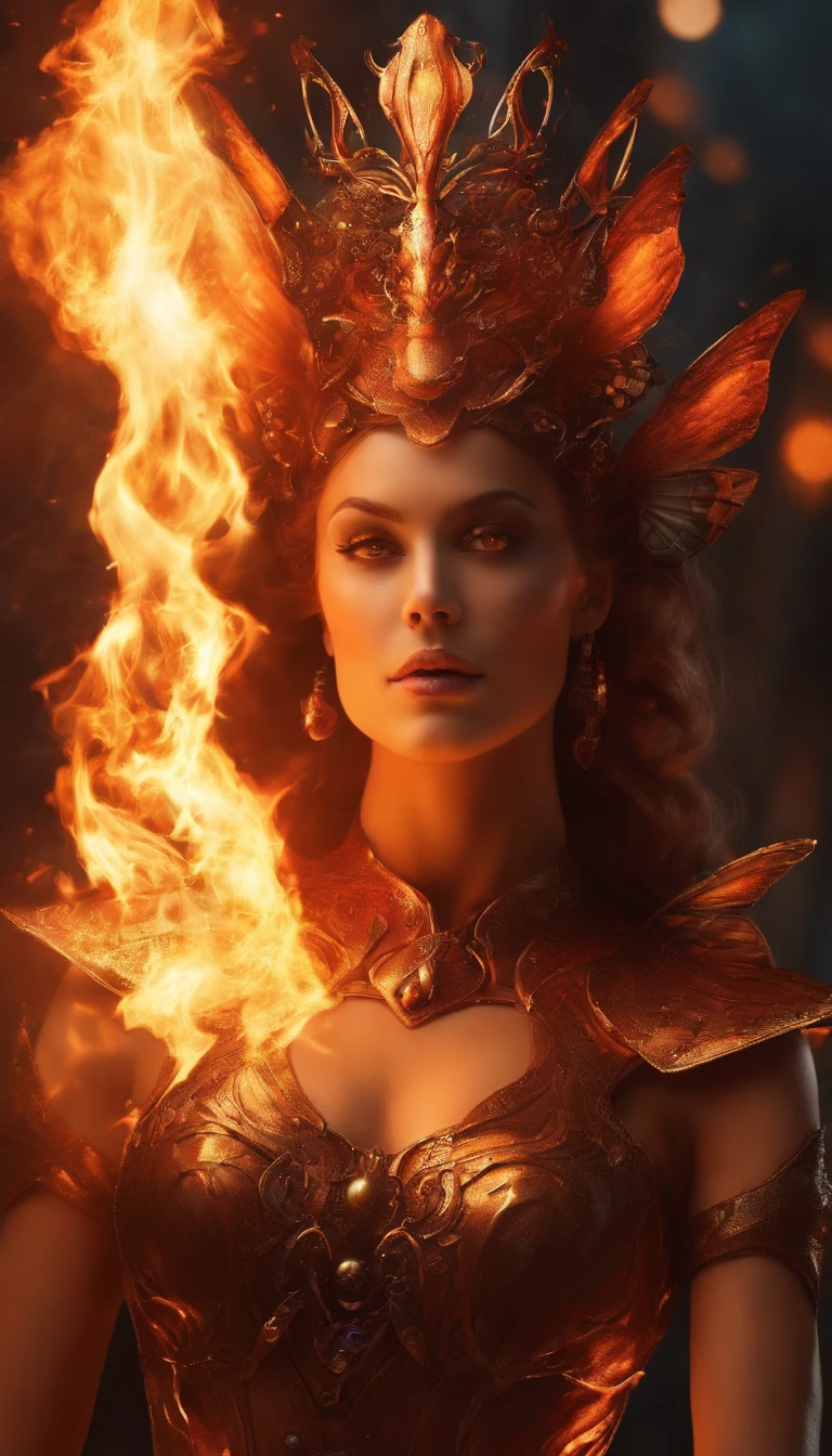 an image of a lady with fire coming out of her body, the butterfly goddess of fire, appears as the fire goddess, fire elemental, lava and fire goddess, evil steampunk pyromancer woman, cybernetic flame armor, goddess of fire, the fire goddess, an concept art of the tau queen, the fire queen, of a beautiful female warframe