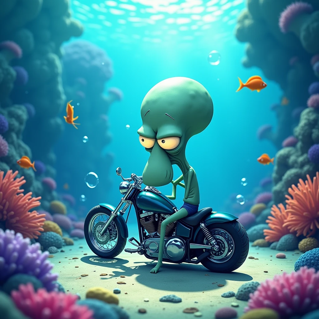 Draw Squidward Tentacles under the sea looking at a motorcycle angrily 