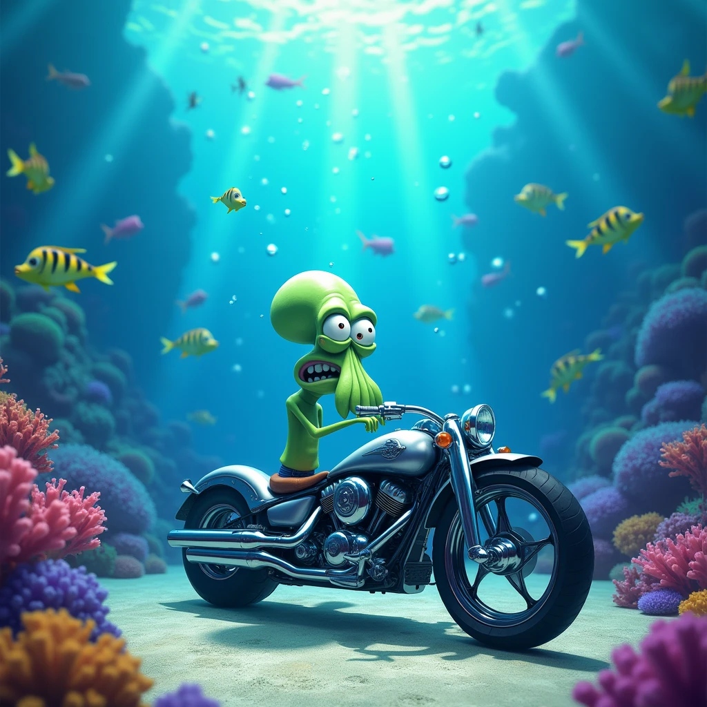 Draw Squidward Tentacles under the sea looking at a motorcycle angrily