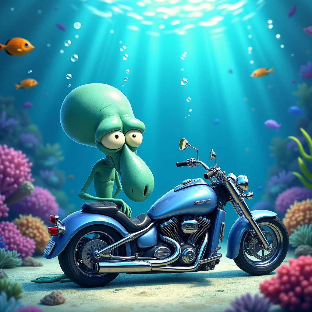 Draw Squidward Tentacles under the sea looking at a motorcycle angrily