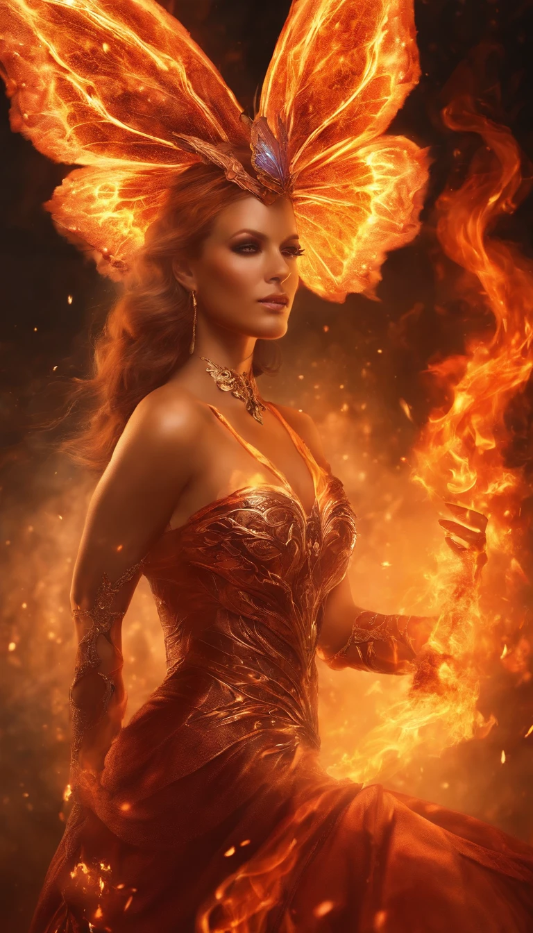 an image of a lady with fire coming out of her body, the butterfly goddess of fire, appears as the fire goddess, fire elemental, lava and fire goddess, evil steampunk pyromancer woman, cybernetic flame armor, goddess of fire, the fire goddess, an concept art of the tau queen, the fire queen, of a beautiful female warframe