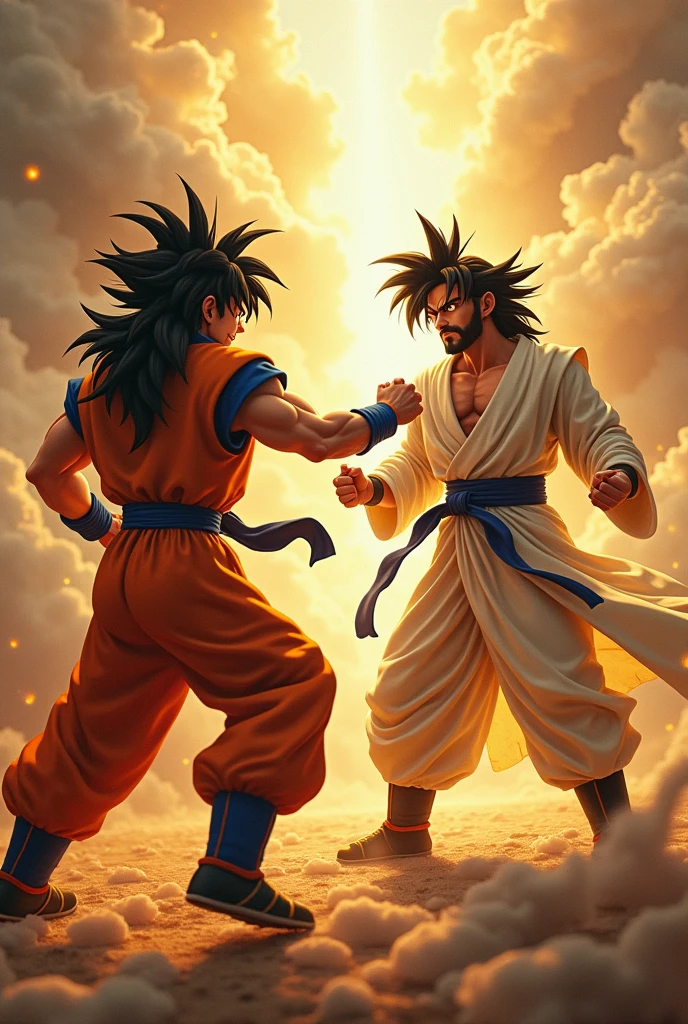Goku fighting with fists against Jesus Christ while Satan in the background is the referee