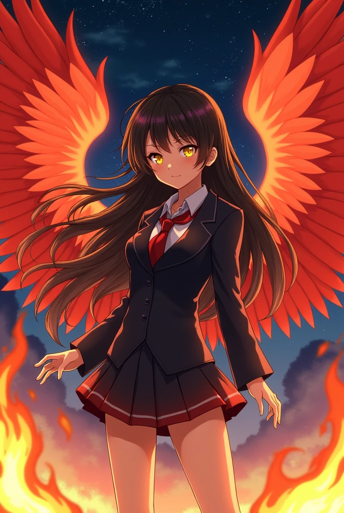 hair cut: Curtain bangs (loose hair, wavy and long)
hair-color: black
Eye color: a yellow AND RED
Power: possesses red wings and control of fire
School uniform clothing
Art style: アニメ (bha)
name: Yumi Takami