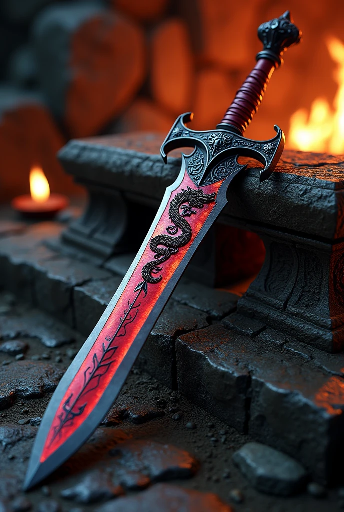 Red and black sword with a dragon symbol