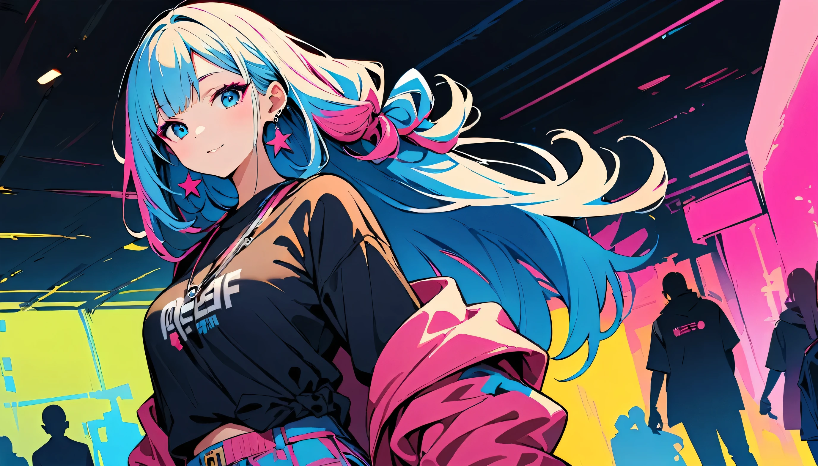 (high quality, 8k, 4K, High Contrast, masterpiece:1.2, 最high quality, Best aesthetics), (Dynamic Angle), ((1 female)), ((Flat Color)), Harajuku Street Style Fashion, Looking at the audience, Upper Body, Transparent Background, High Contrast, Contrasting colors, Cowboy Shot, Pale pink and blue lighting, Long Hair, ((Tied Hair)) ,Big Tits, Blue Hair, Small star-shaped earrings in both ears, watch, bright eyeshadow, R-18