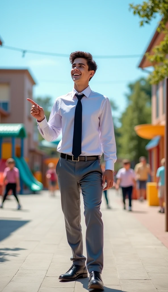male student wearing a long-sleeved shirt, hands at the sides, black tie, Gray pants, black shoes and standing in a schoolyard in hd, looking to the side with a big smile, pointing to the right, In the foreground