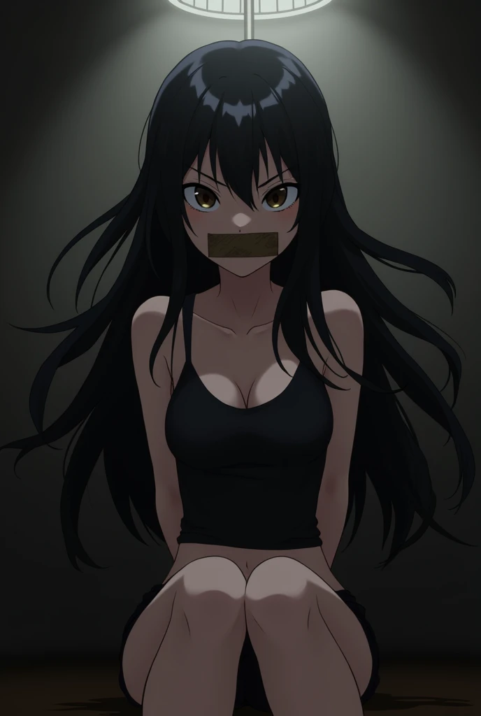 An anime girl with long black hair, not tied up, sitting, wearing a black tank top revealing her stomach, her mouth is rectangular and taped shut, her hands are tied behind her back with a brown band.