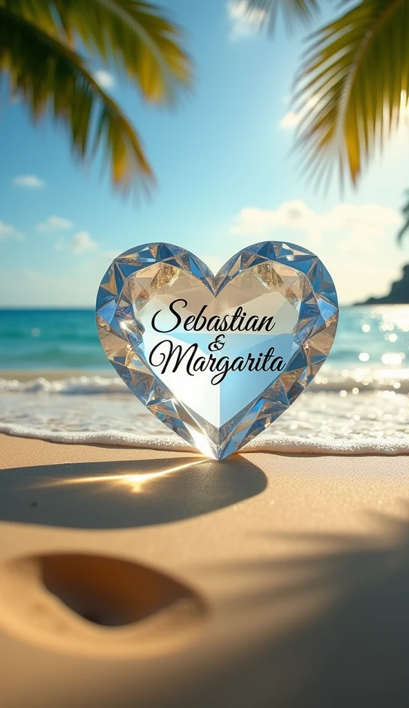 A diamond heart with writing in the center "Sebastian & margarita". The diamond is on the shore of the beach