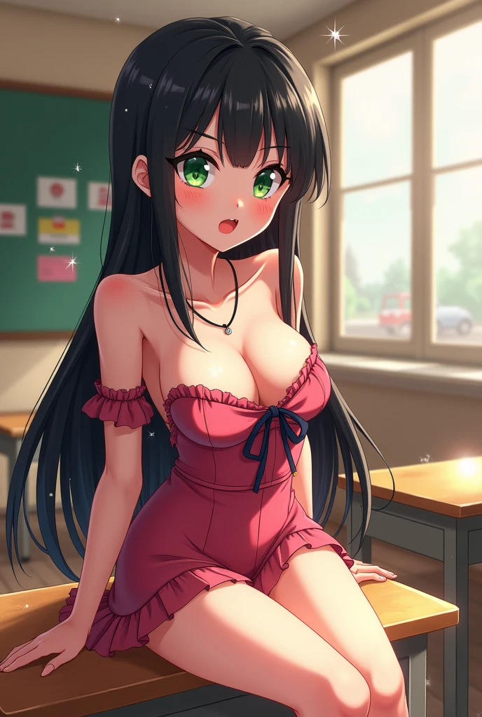 Anime character from the world of high school dxd, beautiful girl, with shiny black hair, shiny green eyes, cheerful expression, red cheeks, naked body, huge breasts, sitting in a desk in a sexy way, perverted expressions