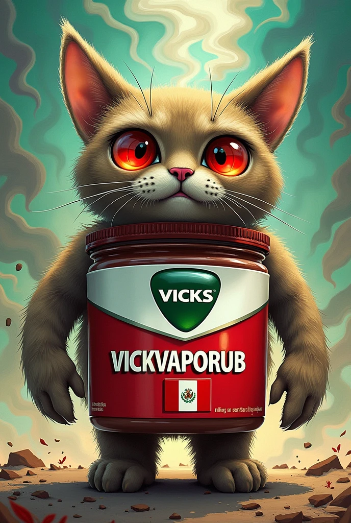 Vicks VapoRub strong jar and red eyes,  on his chest he bears the name VICKVAPORUB and a small badge of the Peruvian flag 
