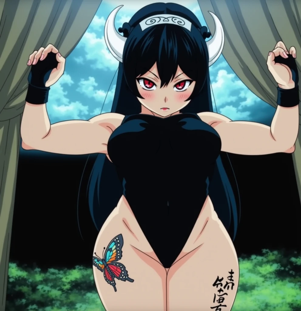 A beautiful black-haired woman with two white horns, red eyes, and a sexy face, wearing a tight bodysuit and elbow-length gloves, a butterfly tattoo on her left thigh and kanji letters on her right, (best quality,4k,8k,highres,masterpiece:1.2),ultra-detailed,(realistic,photorealistic,photo-realistic:1.37),highly detailed face, beautiful detailed eyes, beautiful detailed lips, extremely detailed eyes and face, long eyelashes, intricate tattoo design, detailed bodysuit, dynamic pose, dramatic lighting, cinematic composition, vibrant colors, dark fantasy