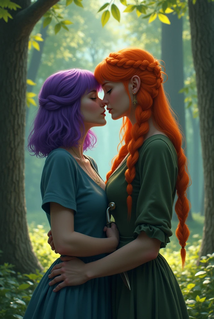 2 girls kissing in the woods, one has short shoulder-length hair and it's purple, The other one is taller, she has orange hair and wears a braid, And he's stabbing the purple-haired girl in the stomach.