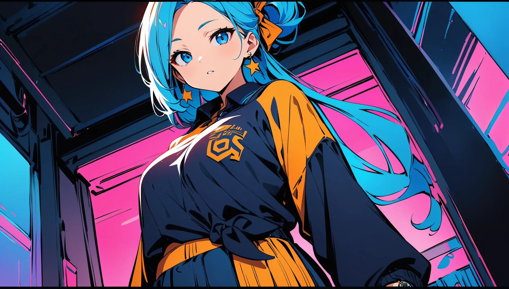 (high quality, 8k, 4K, High Contrast, masterpiece:1.2, 最high quality, Best aesthetics), (Dynamic Angle), ((1 female)), ((Flat Color)), Harajuku Street Style Fashion, Looking at the audience, Upper Body, Transparent Background, High Contrast, Contrasting colors, Cowboy Shot, Pale pink and blue lighting, Long Hair, ((Tied Hair)) ,Big Tits, Blue Hair, Small star-shaped earrings in both ears, watch, bright eyeshadow, R-18
