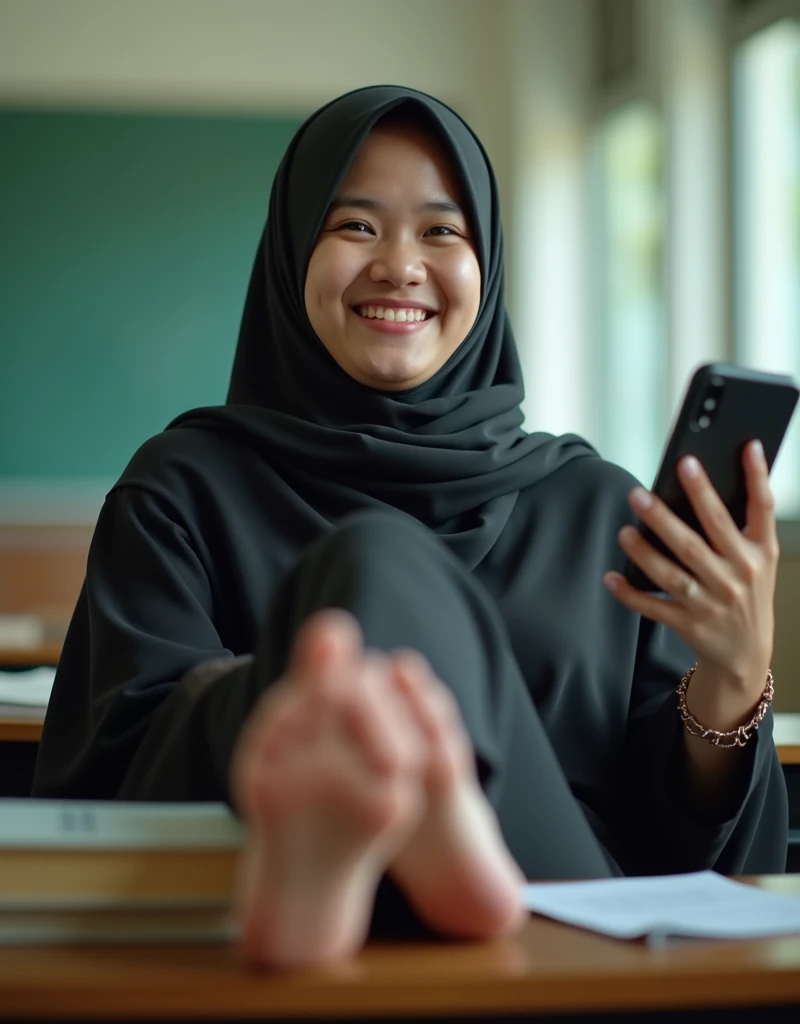 Plump vagina, sweating vagina, Beautiful girl wearing narrow dark hijab malay age girl 18 years old, kelantanese look, cute girl face, smiling, eyes looking at camera, grin, big laugh, nude, naked, naked body, sperm on vagina, no clothes, no clothing, big breasts about to burst out, closeup vagina, closeup view, plump body, showing vagina, vagina view, plump thigh, realistic skin, view from below, spreading legs on desk, in empty classroom, books on table, hand holding smartphone, side lighting, day time, sun light, high quality, ultra sharp image, ultra detail, 35mm lens, establishing shot, pastel color grading, depth of field cinematography effect, film noir genre, 8k resolution