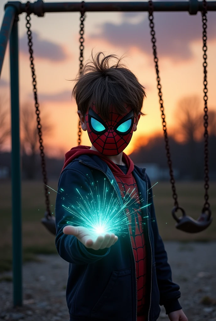 boy with textured fringe haircut and a Spiderman mask on his face, that he has a power in his hand that is animated