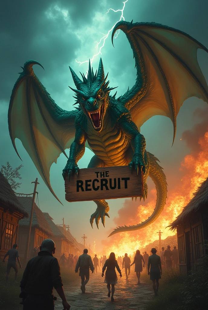 Generate an image of a dragon descending from the sky with a sign in his hand with the letters "The Recruit" and as he descends he sets fire to the inhabitants and they flee with expressions of fear