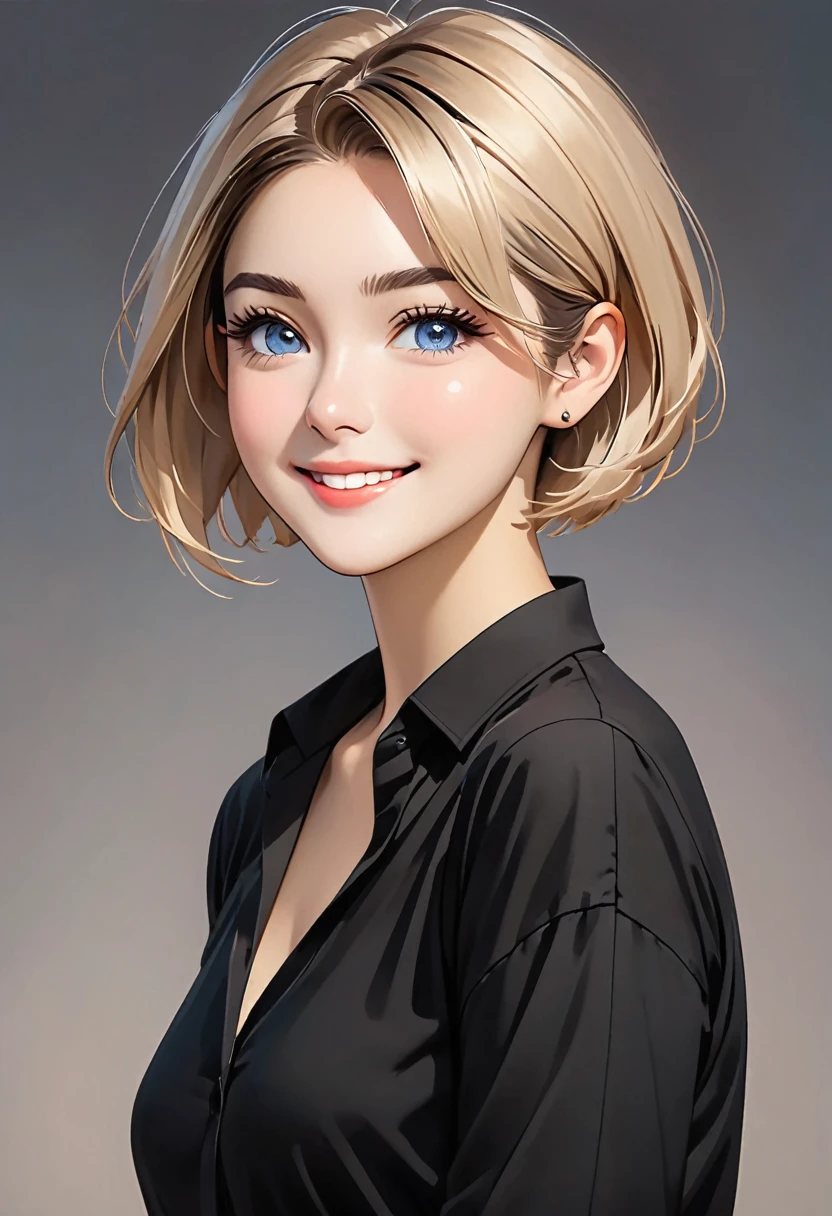 Create a female character, young adult, with soft and friendly strokes. She has fair skin and short hair, smooth ass, and dark. Her eyes are expressive and convey serenity and confidence. His smile is subtle, demonstrating a balanced and welcoming personality. She wears a stylish black shirt, which complements her professional and modern style. Her expression reflects wisdom and professionalism, but also accessibility and kindness