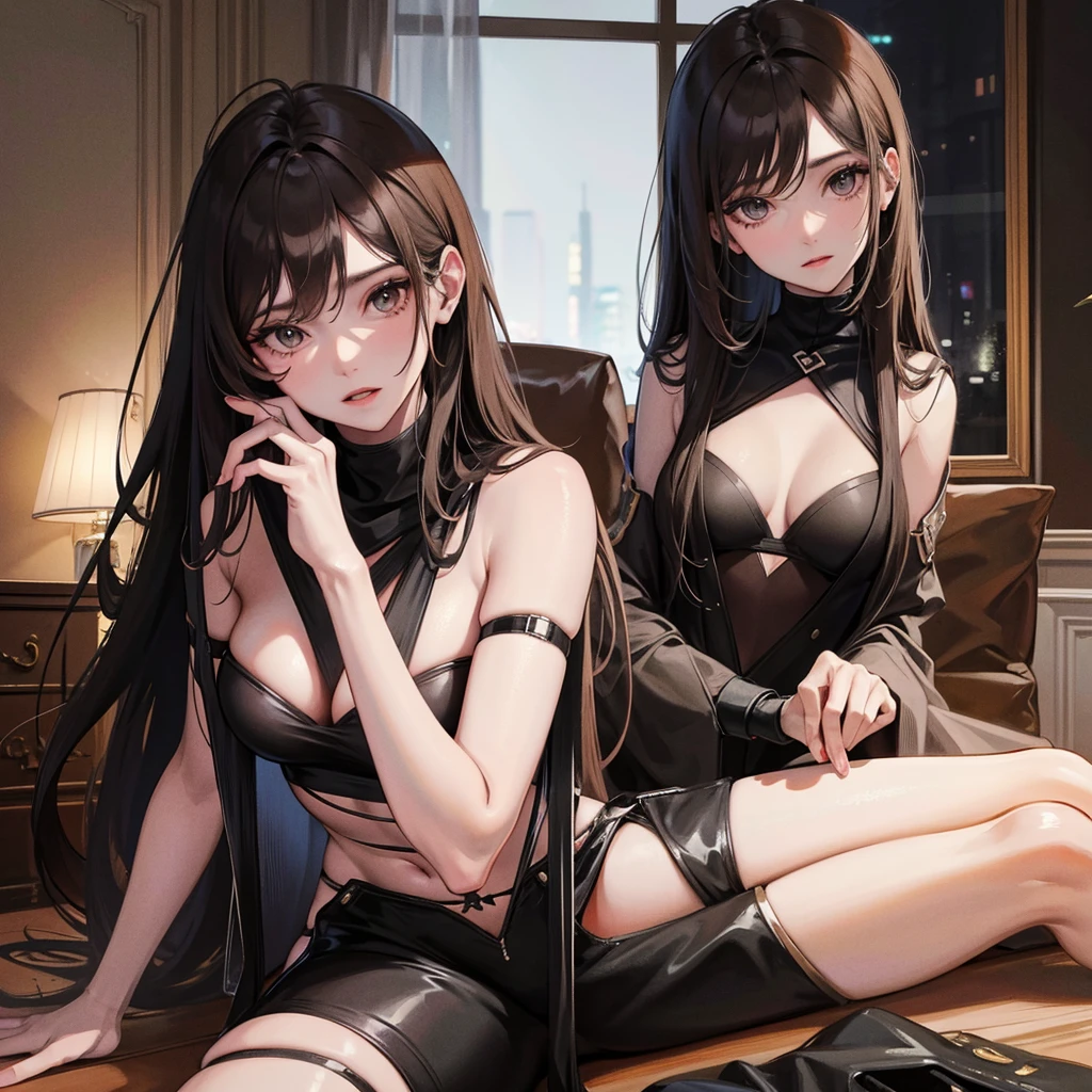 [a SINGLE beautiful girl with long black wavy hair, dark skin, light brown eyes, thin eyebrows, defined jaw, V-shaped face, wearing black sweatshirt with "Y/N" text on it, gray pants, black boots, fingerless gloves, indoor Japanese-style room environment with daylight, realistic, photorealistic, photorealistic: 1.37, best quality, 4k, 8k, high resolution, masterpiece: 1.2, ultra detailed, HDR, UHD, studio lighting, ultra fine painting, sharp focus, physically based rendering, extreme detail depiction, professional, vivid colors, bokeh]