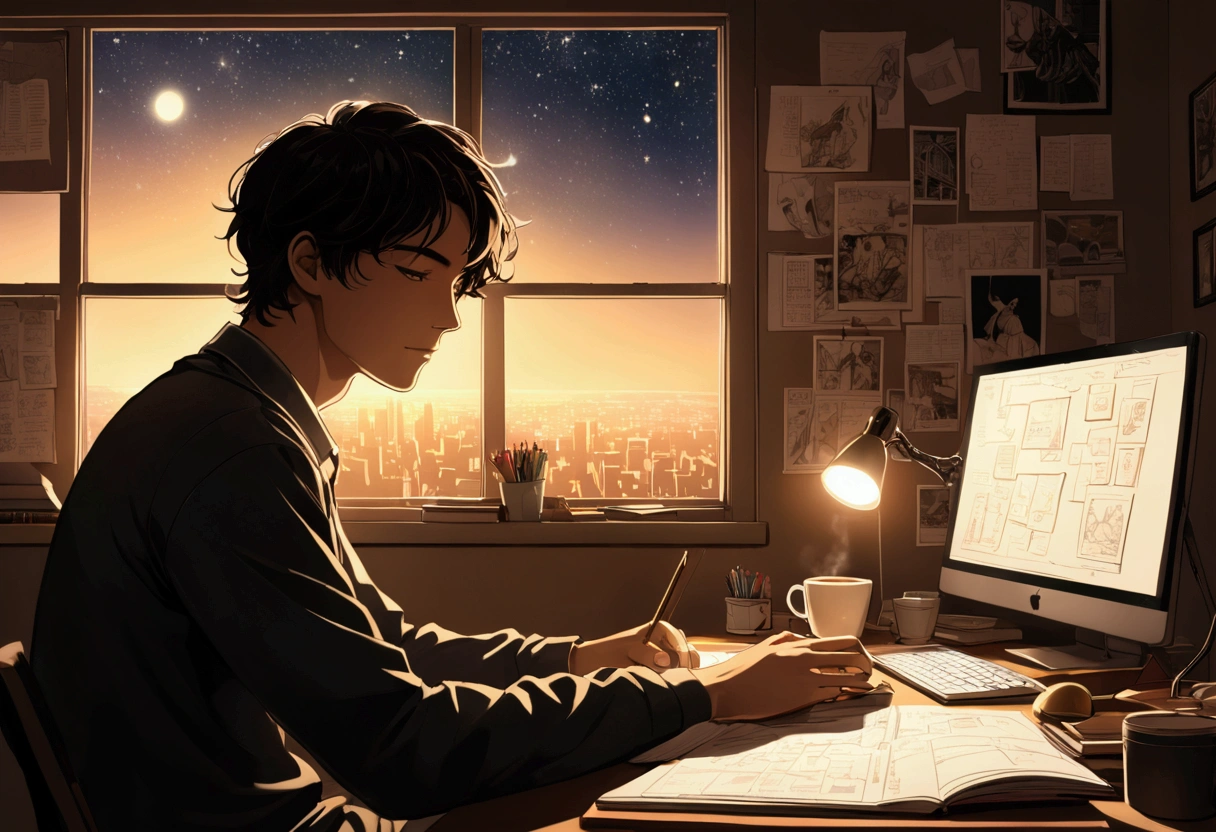 A young man sits at his desk in a dimly lit room, the only light coming from the glow of his computer screen and a small desk lamp casting a warm, golden hue. The room is cluttered with notebooks, sketches, and coffee cups, evidence of long nights spent chasing his dreams. The man’s face is illuminated by the soft light of the screen, focused and determined as he types away, deep in thought. Outside the window, the city sleeps under a blanket of stars, but inside, the young man’s mind is alive with ideas and ambitions. A vision board hangs on the wall, filled with goals, aspirations, and inspiring quotes that keep him motivated. The atmosphere is quiet, almost serene, with the faint hum of the computer as the only sound, but there's a palpable sense of energy and purpose in the air as he works tirelessly, driven by his passion to turn his dreams into reality.